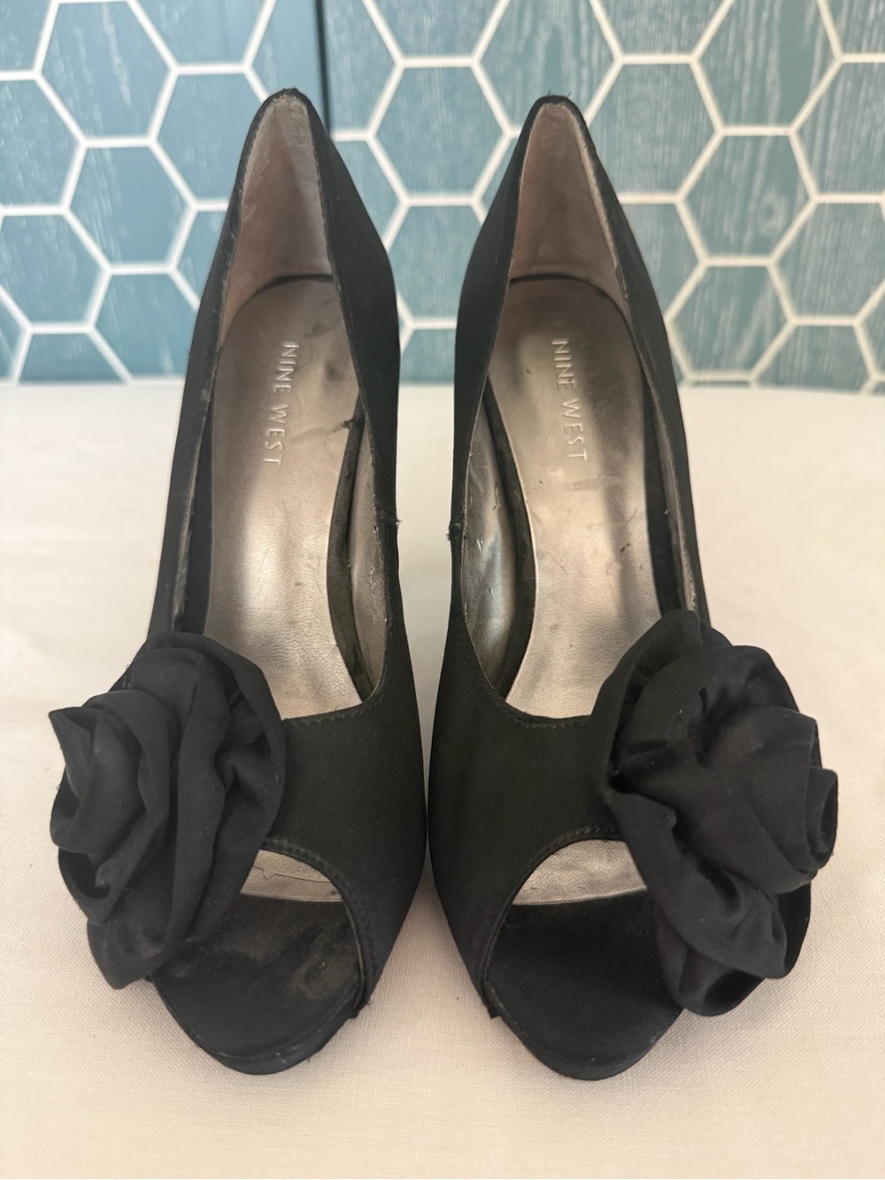Nine West Black Peep-Toe Heels with Fabric Flower